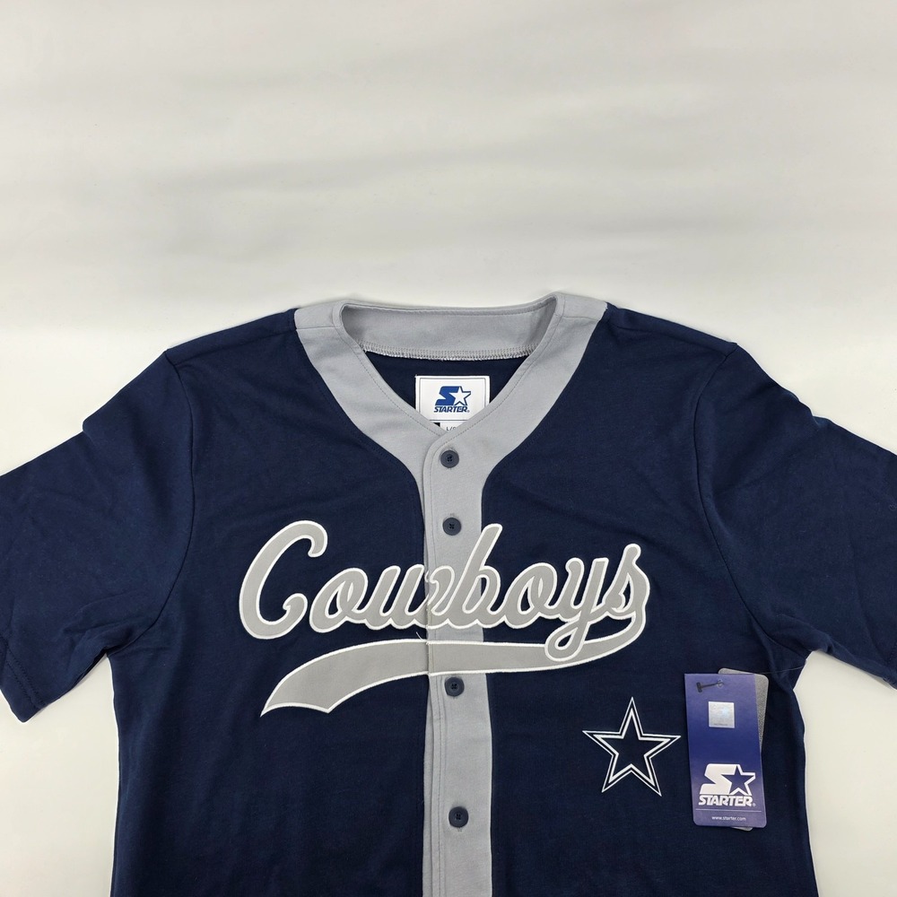 Starter Dallas Cowboys NFL Retro Baseball Style Jersey Silver Blue Mens sz Large
